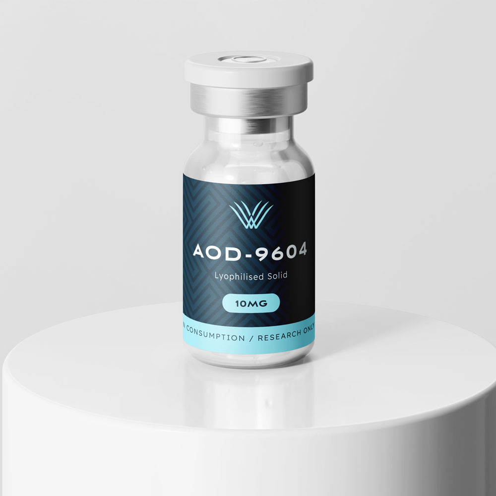AOD-9604 10mg research peptide vial supplied by Wolverine Peptides for laboratory research applications