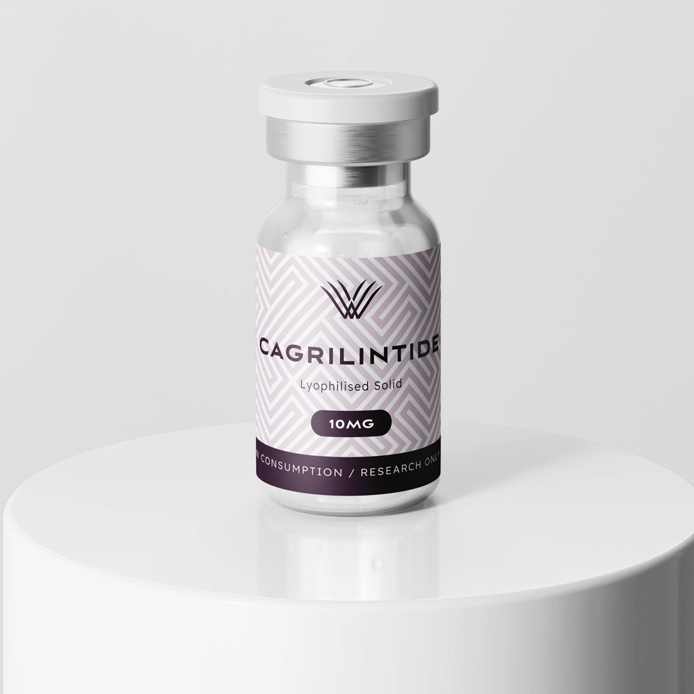 Cagrilintide 10mg research peptide vial supplied by Wolverine Peptides for laboratory research applications